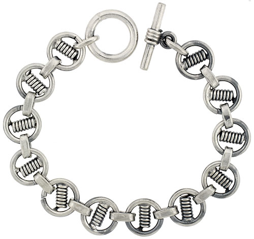 Sterling Silver Spiral Design Round Links Bracelet Toggle Clasp Handmade 1/2 inch wide, sizes 8, 8.5 & 9 inch 