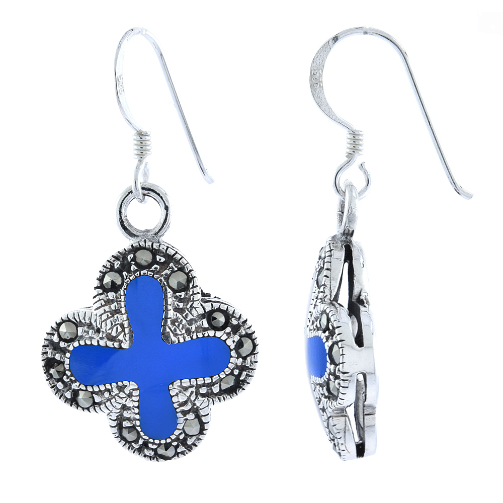 Sterling Silver Blue Cross Marcasite Dangle Earrings, 1 3/8 inch long