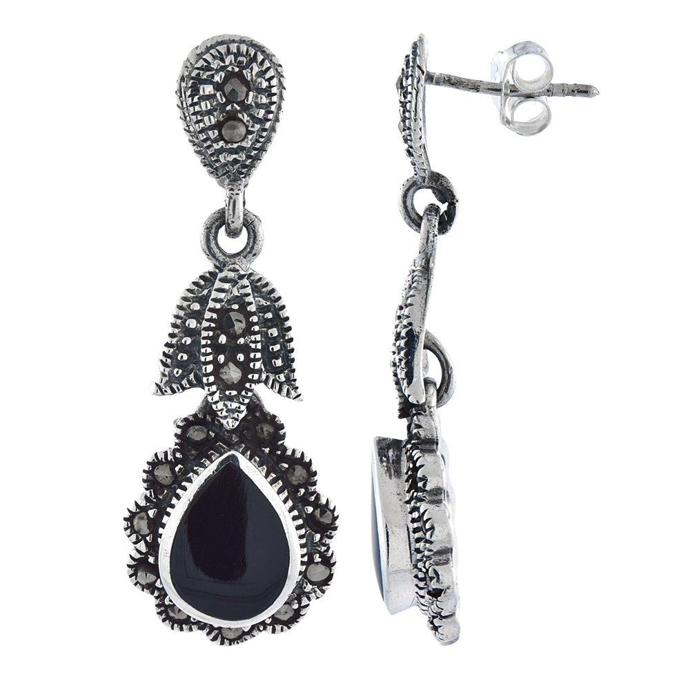Sterling Silver Black Onyx Teardrop Marcasite Dangle Earrings, 1 1/2 inch long