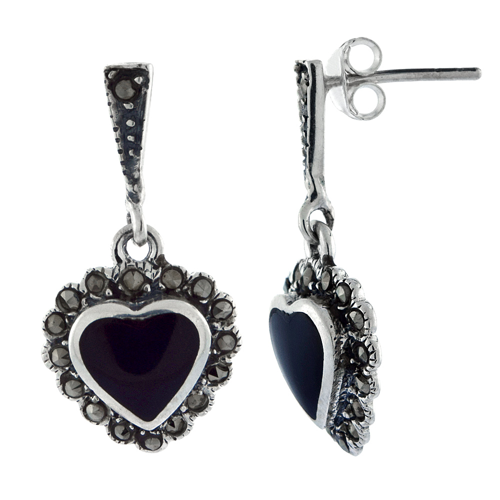 Sterling Silver Black Onyx Heart Marcasite Drop Earrings, 1 1/16 inch long