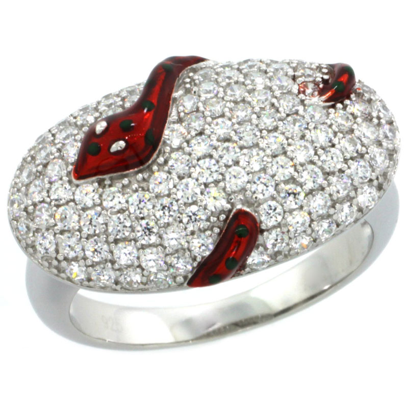 Sterling Silver Polka Dot Snake on Oval Ring w/ Brilliant Cut CZ Stones, 1/2 in. (13 mm) wide