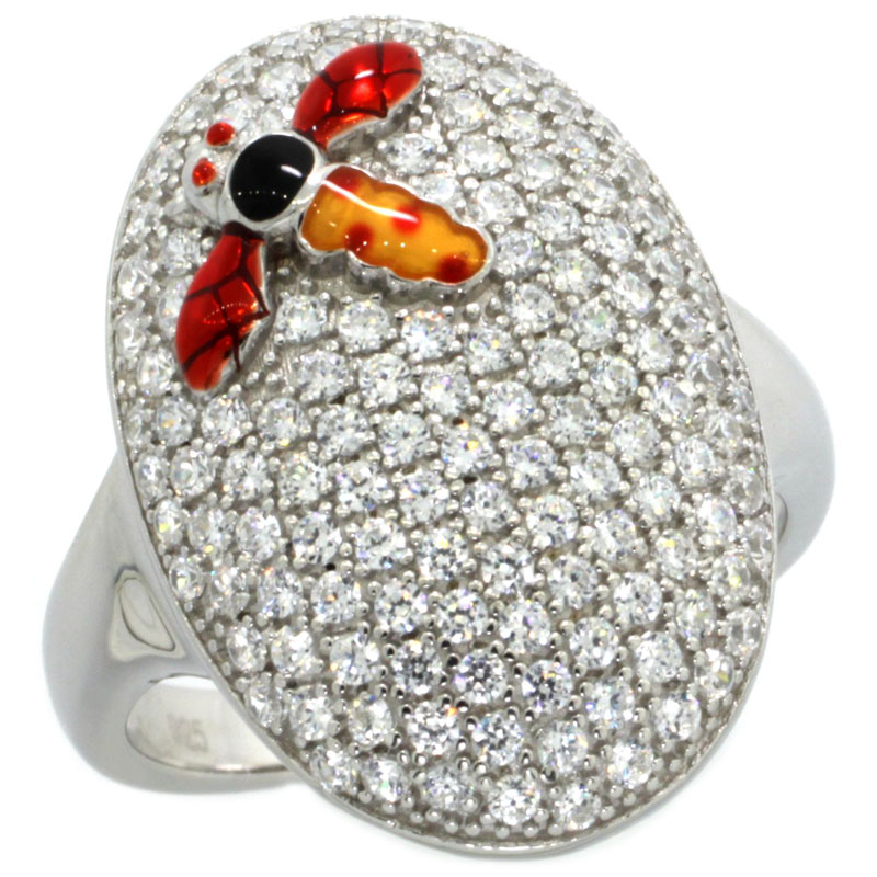 Sterling Silver Polka Dot Dragonfly on Oval Ring w/ Brilliant Cut CZ Stones, 7/8 in. (22 mm) wide