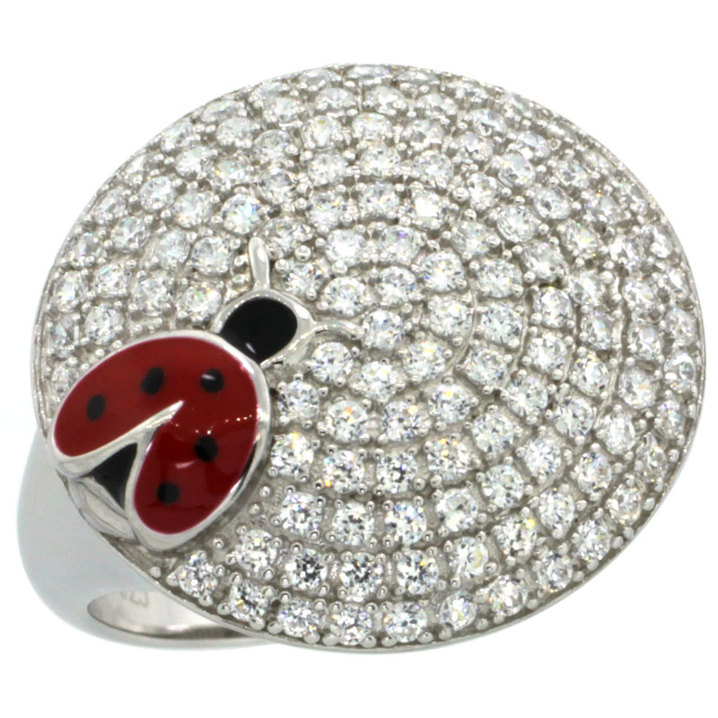 Sterling Silver Lady Bug on Round Ring w/ Brilliant Cut CZ Stones, 3/4 in. (18.5 mm) wide