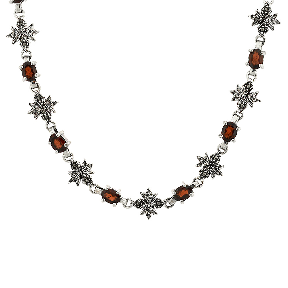 Sterling Silver Cubic Zirconia Garnet Flower Marcasite Necklace, 16 inch long
