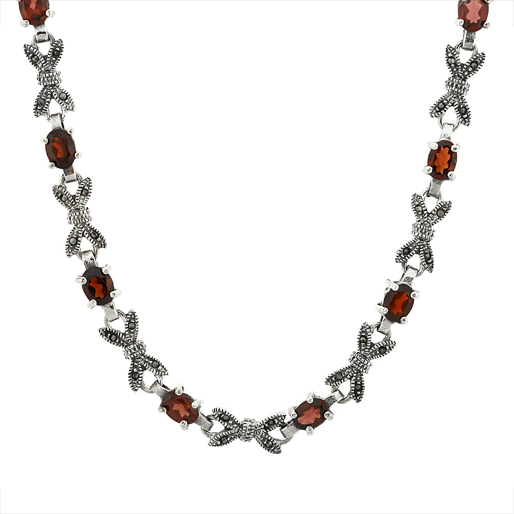 Sterling Silver Cubic Zirconia Garnet Bow Marcasite Necklace, 16 inch long
