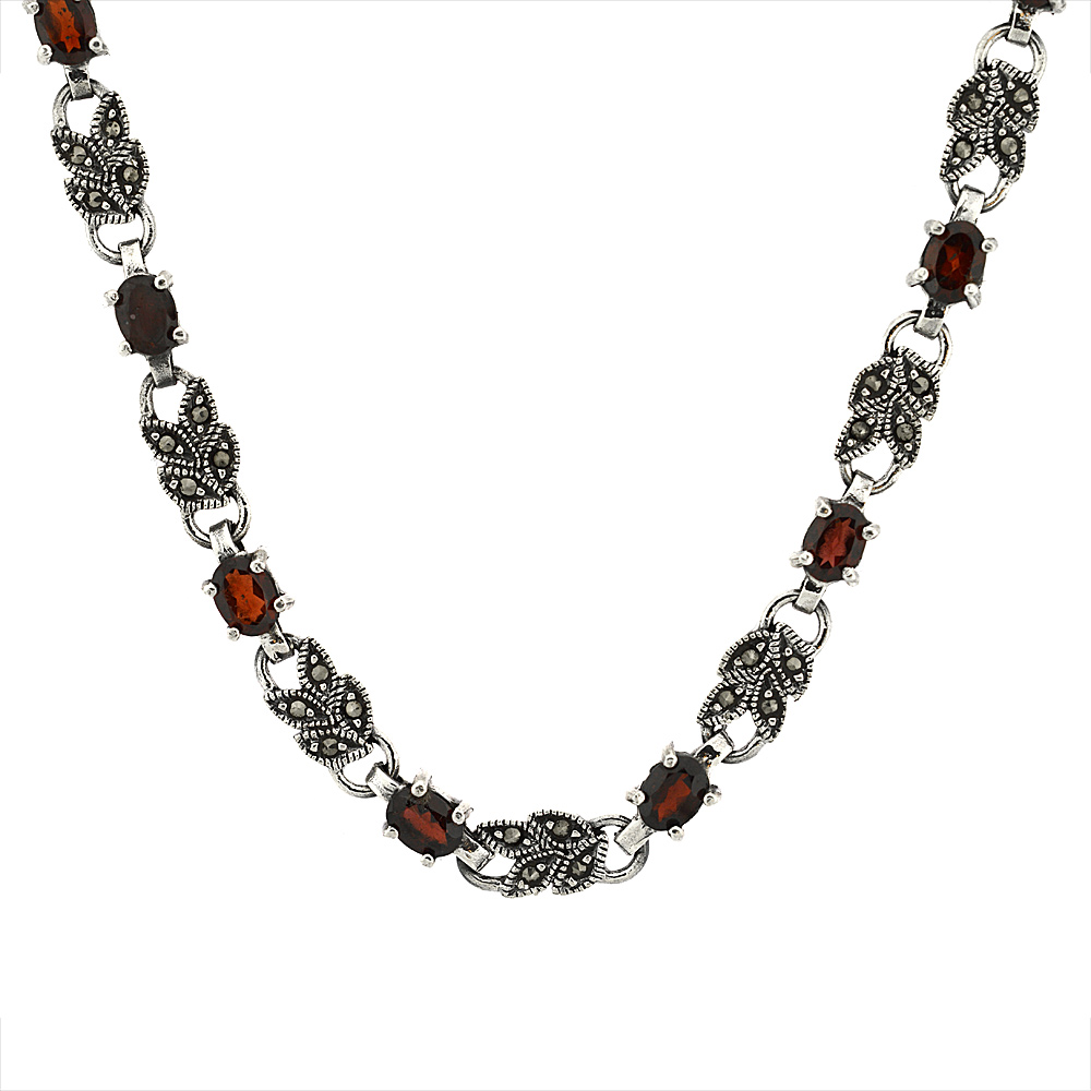 Sterling Silver Cubic Zirconia Garnet Sprigs Marcasite Necklace, 16 inch long