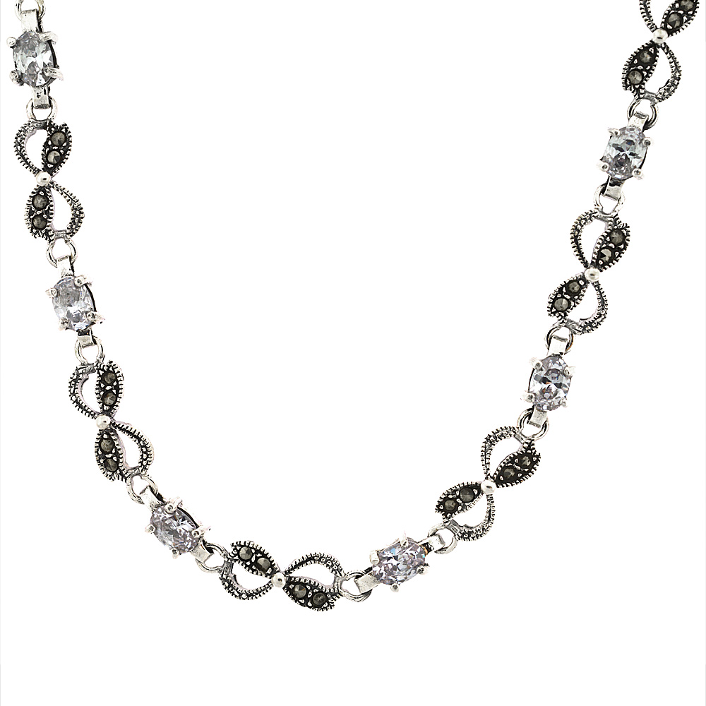 Sterling Silver Cubic Zirconia Clear Lemniscate Marcasite Necklace, 16 inch long