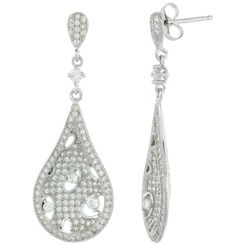 Sterling Silver Micro Pave Bubbly Pear Shape Earring w/ White Stones