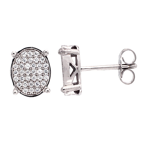 Sterling Silver Oval Post CZ Earrings Micro Pave, 3/8 inch long