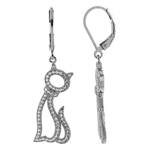 Sterling Silver Cat Outline Dangling CZ Earrings Micro Pave, 1 1/16 inch long