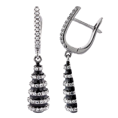 Sterling Silver Pear Shape Graduated Stripes Dangling CZ Earrings Micro Pave, 1 1/8 inch long