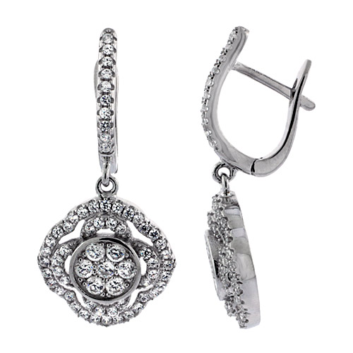 Sterling Silver Floral Dangling CZ Earrings Micro Pave, 1 1/16 inch long