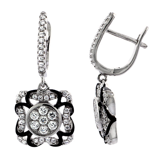 Sterling Silver Floral Dangling CZ Earrings Micro Pave Black Rhodium Accent 13/16 inch long
