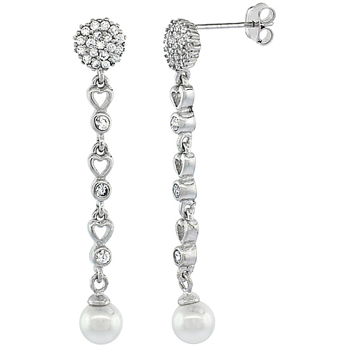 Sterling Silver Dangling Faux Pearl with CZ Earrings Micro Pave, 1 3/4 inch long