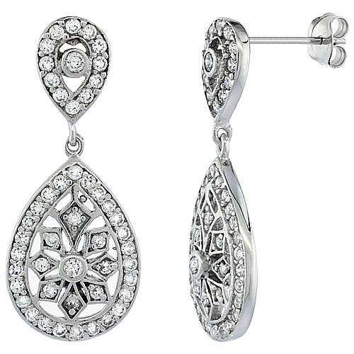 Sterling Silver Pear Shape Decorative Dangling CZ Earrings Micro Pave, 1 1/4 inch long