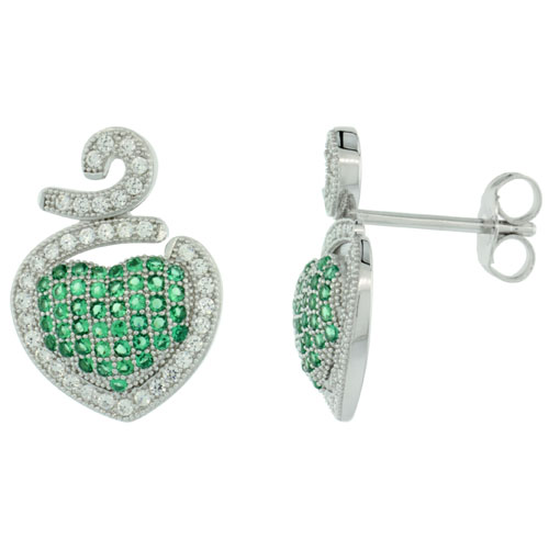 Sterling Silver Micro Pave Nested Heart Earring w/ White & Green Stones