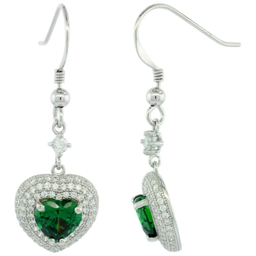 Sterling Silver Micro Pave Three Level Heart Hook Earring White Stones Centered w/ Green Heart Prong Set