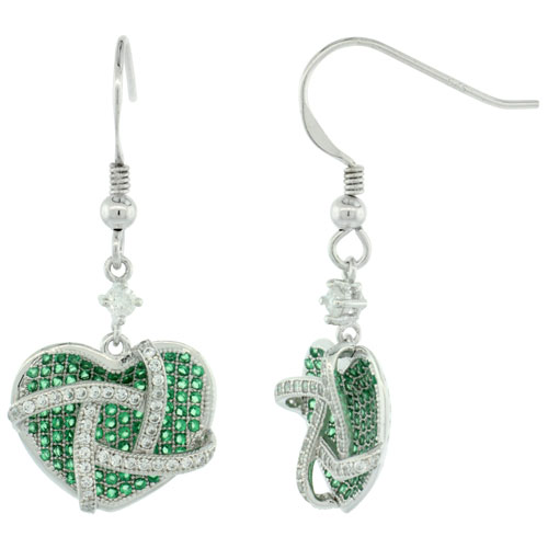 Sterling Silver Micro Pave Caged Heart Hook Earring w/ White & Green Stones