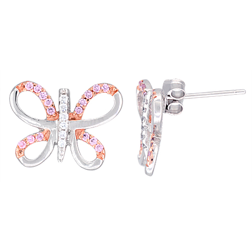 Sterling Silver Butterfly CZ Earrings Micro Pave Two Tone Finish, 3/4 inch long