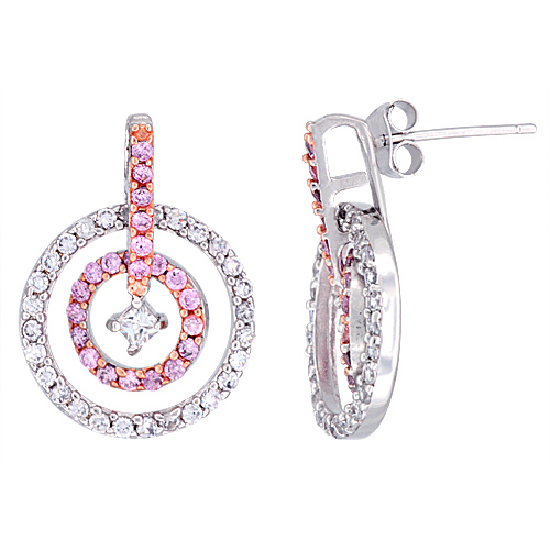 Sterling Silver Double Circle CZ Earrings Micro Pave Two Tone Finish, 13/16 inch in diameter
