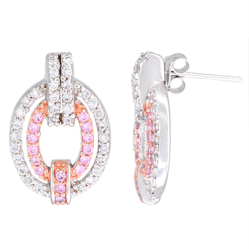 Sterling Silver Double Oval CZ Earrings Micro Pave Two Tone Finish, 13/16 inch long