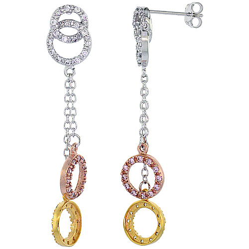 Sterling Silver Dangling Circles CZ Earrings Micro Pave Tri-Color Finish, 1 15/16 inch in diameter