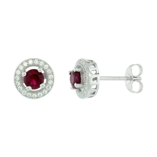 Sterling Silver Micro Pave Round Shape Earring Centered w/ Red Ruby & White Stones