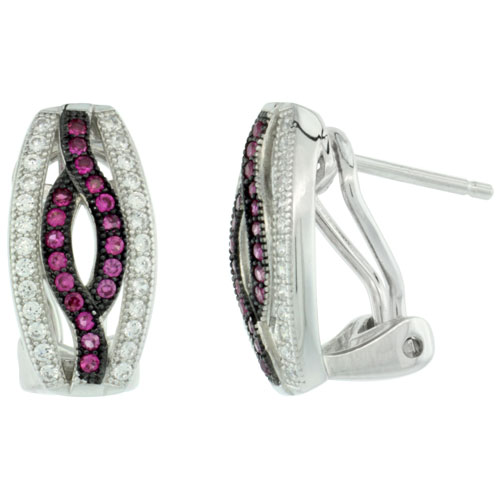 Sterling Silver Micro Pave Open Rectangular French Clip Earring White Cubic Zirconia Centered in Twisted Shape Red Stones