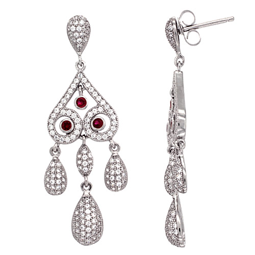 Sterling Silver Girandole CZ Earrings Micro Pave Ruby & White Stones, 1 11/16 inch long