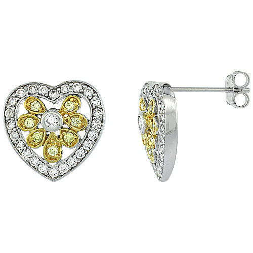 Sterling Silver Floral Heart Shape CZ Earrings Micro Pave Yellow Gold Accents, 11/16 inch long