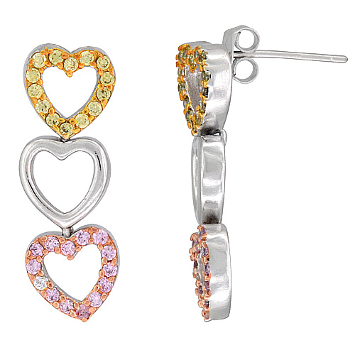 Sterling Silver Triple Open Heart CZ Earrings Micro Pave Tri-Color Finish, 1 1/8 inch long