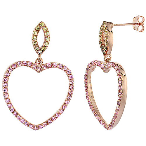 Sterling Silver Open Heart CZ Earrings Micro Pave Rose Gold Finish, 1 inch long