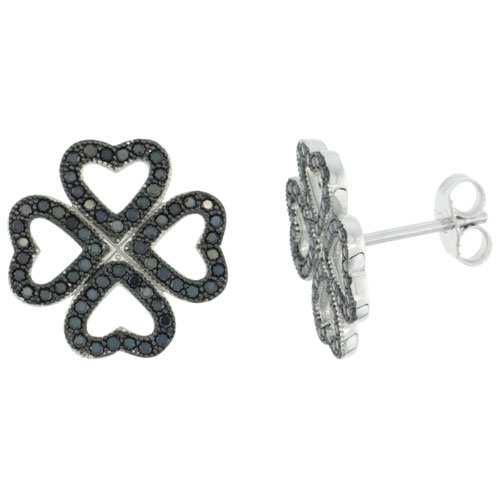 Sterling Silver Micro Pave Open Heart shaped Four Leaf Clover Earring w/ Black Stones