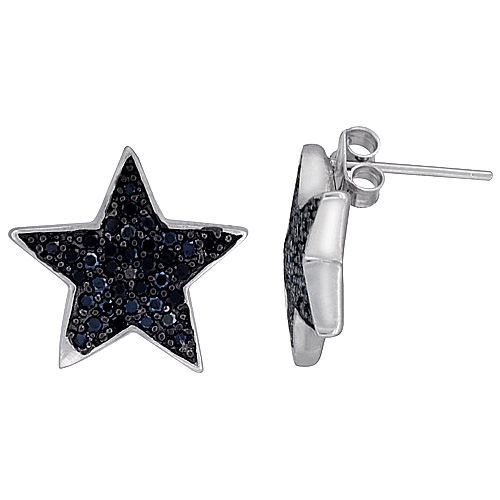 Sterling Silver Star CZ Earrings Micro Pave Black Rhodium Finish, 9 /16 inch long