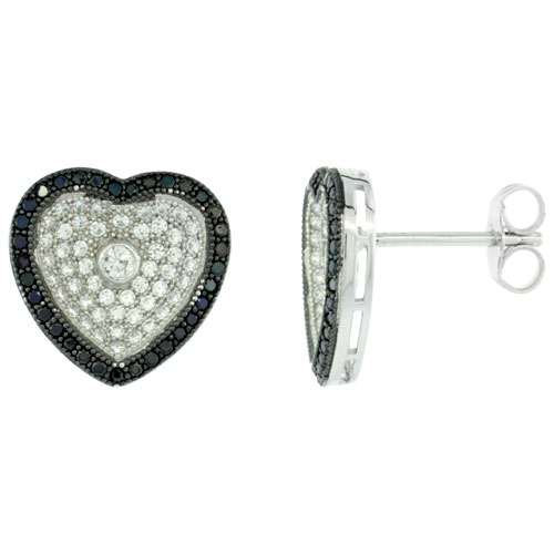 Sterling Silver Micro Pave Heart Earring Centered w/ Single White Stone & Outlined w/ Black Stones