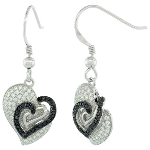 Sterling Silver Micro Pave Three Hearts In One Hook Earring w/ Black & White Stones