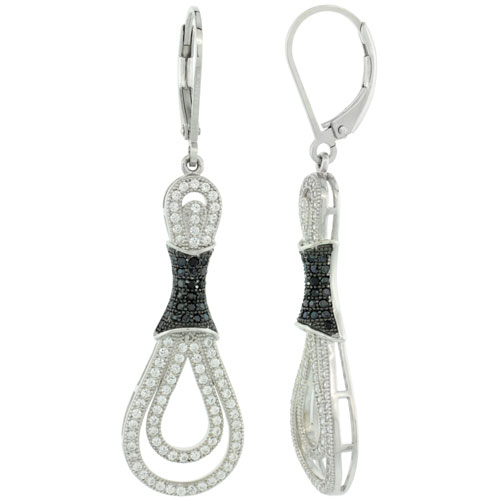Sterling Silver Micro Pave Double Tied Tear Drop Shape lever back Earring w/ Black & White Stones