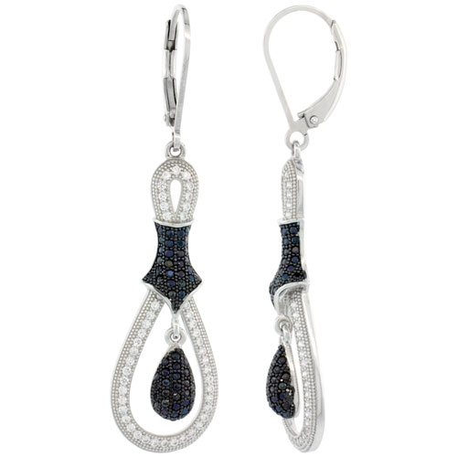 Sterling Silver Micro Pave Tied Tear Drop Shape Lever Back Earring w/ Black & White Stones