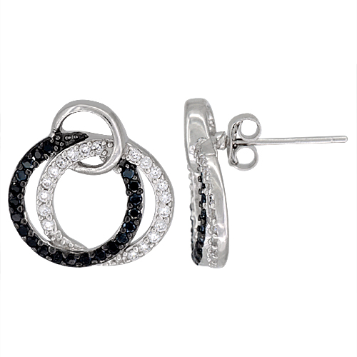Sterling Silver Twin Circles CZ Earrings Micro Pave Black & White stones, 3/4 inch in diameter
