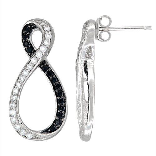 Sterling Silver Infinity CZ Earrings Micro Pave Black & White Stones, 1 inch long