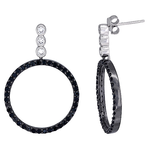 Sterling Silver Floating Circle CZ Earrings Micro Pave Black Rhodium Finish, 7/8 inch in diameter