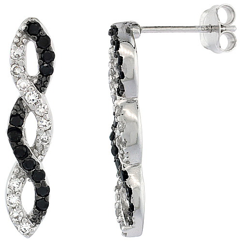 Sterling Silver Triple Infinity CZ Earrings Micro Pave Black & White Stones, 15/16 inch long