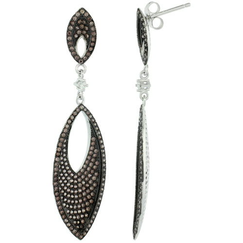 Sterling Silver Micro Pave Marquise Dangling Shape Earring w/ One Solitaire White & Brown Stones