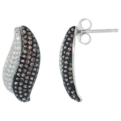 Sterling Silver Micro Pave Leaf Earring In Tow Tone White & Brown Stones