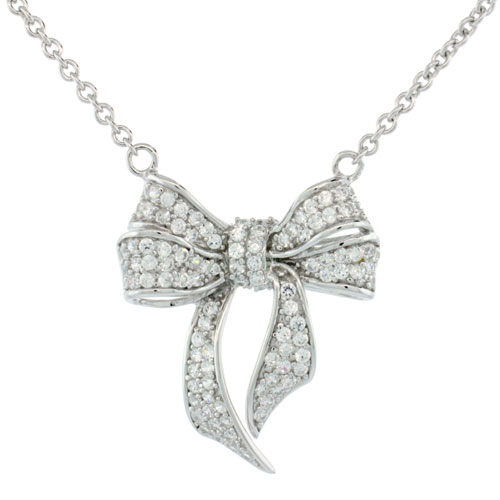 Sterling Silver Micro Pave Bow Pendant w/ White Stones
