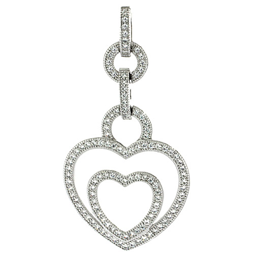 Sterling Silver Double Heart Micro Pave CZ Pendant, 1 5/8 inch long