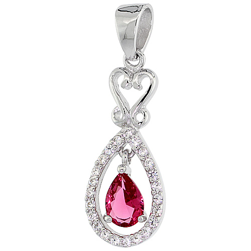 Sterling Silver Pear Shape Ruby Micro Pave CZ Pendant, 1 inch long