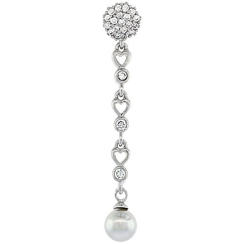 Sterling Silver Dangling Faux Pearl with Micro Pave CZ Pendant, 1 3/4 inch long