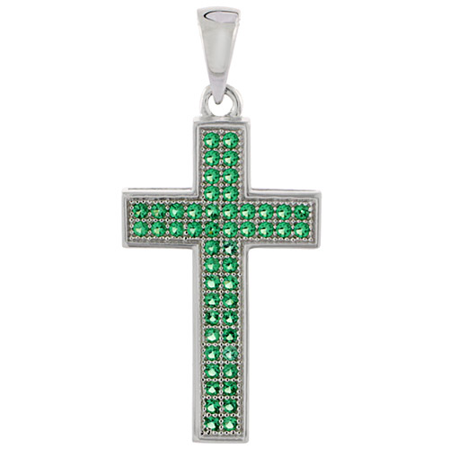 Sterling Silver Cross Micro Pave CZ Pendant Emerald & White Stones, 15/16 inch long