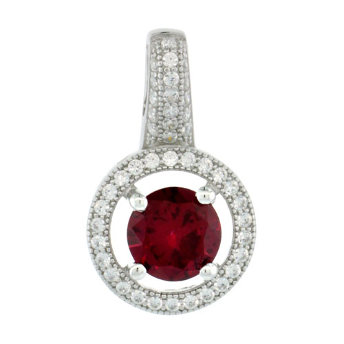 Sterling Silver Micro Pave Round Shape Pendant White Cubic Zirconia Centered w/ Prong set of Red Ruby Stone